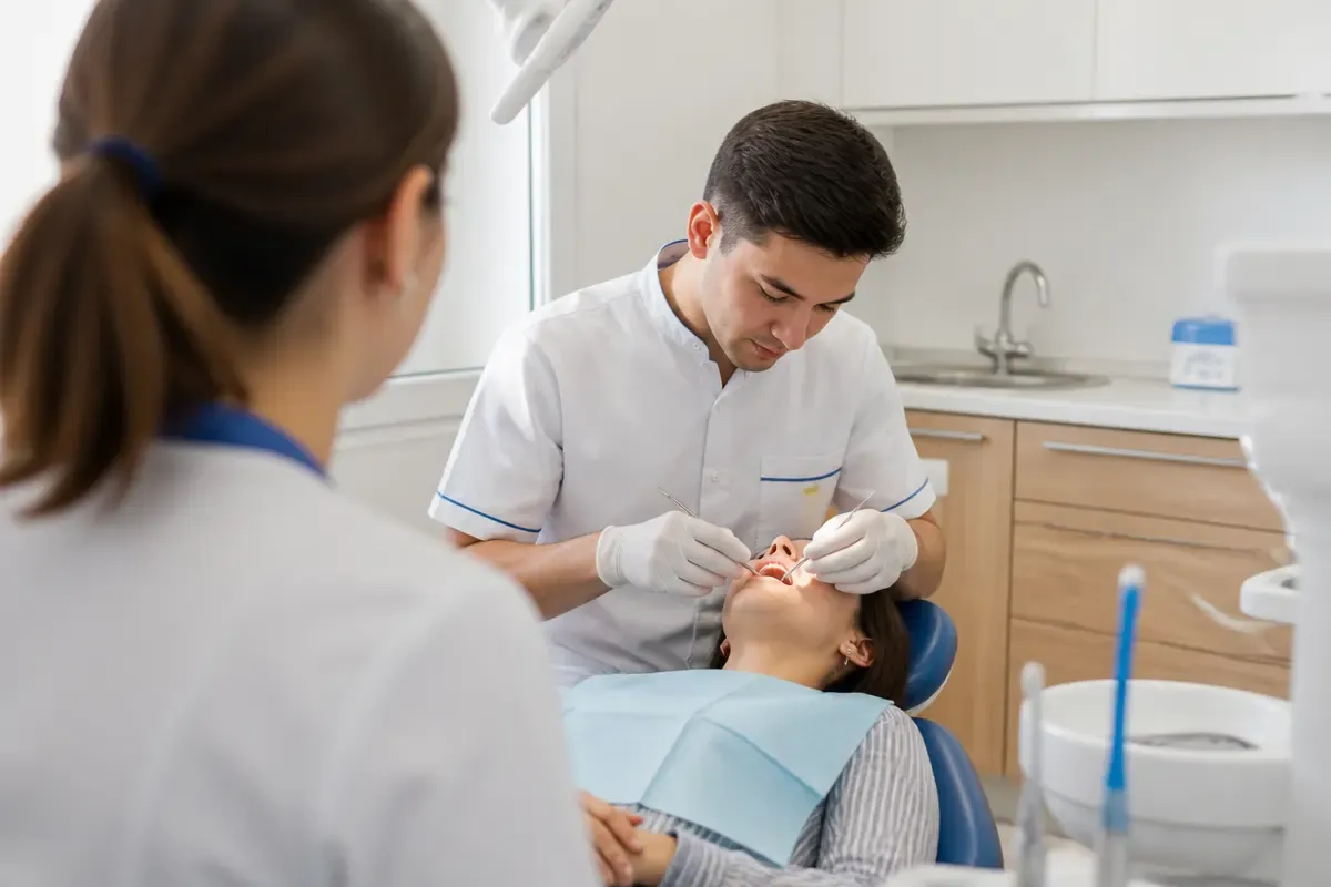 Chairside visit: dentist at work, over-the-shoulder shot of the assistant — illustration for the section "Complications While Wearing"