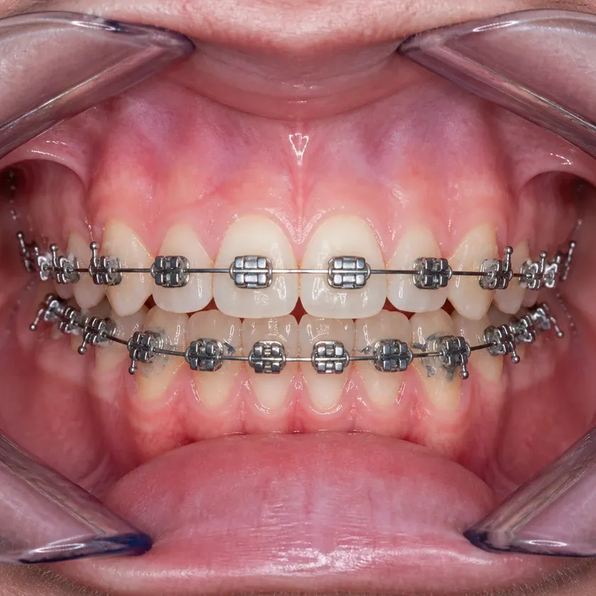 Metal braces — close-up clinical photo of the result after treatment