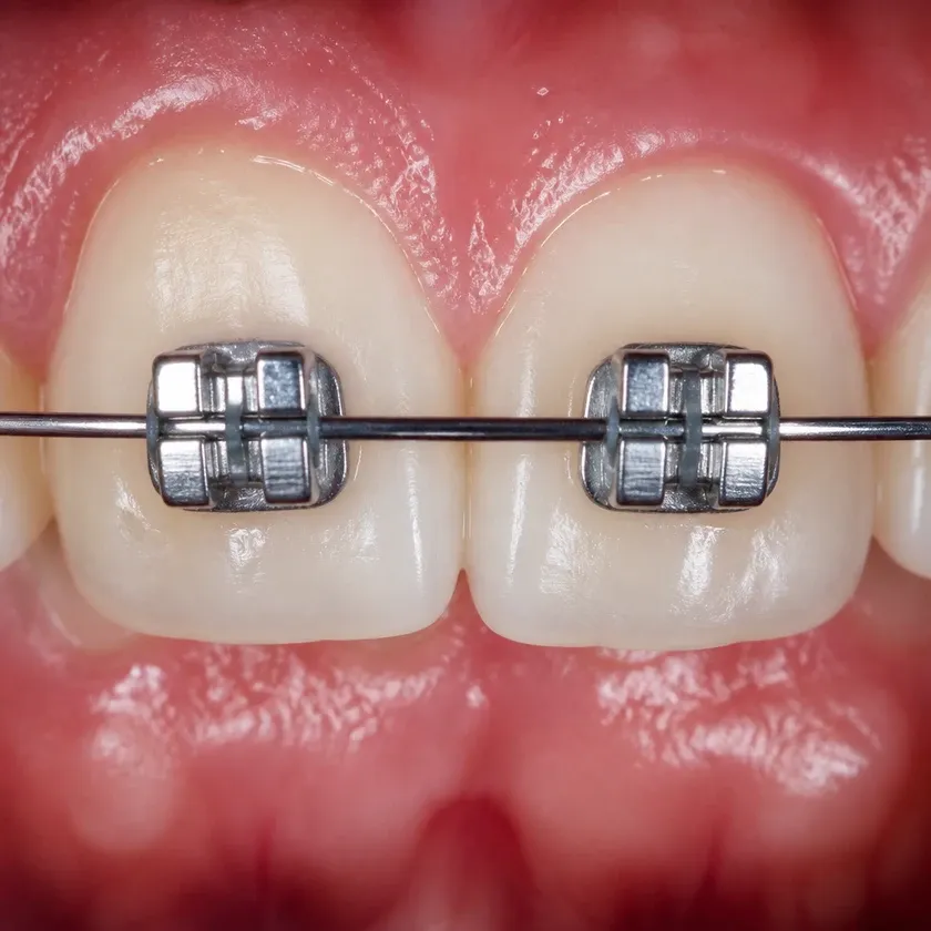 Metal braces — close-up of the treatment result in a clinical photograph