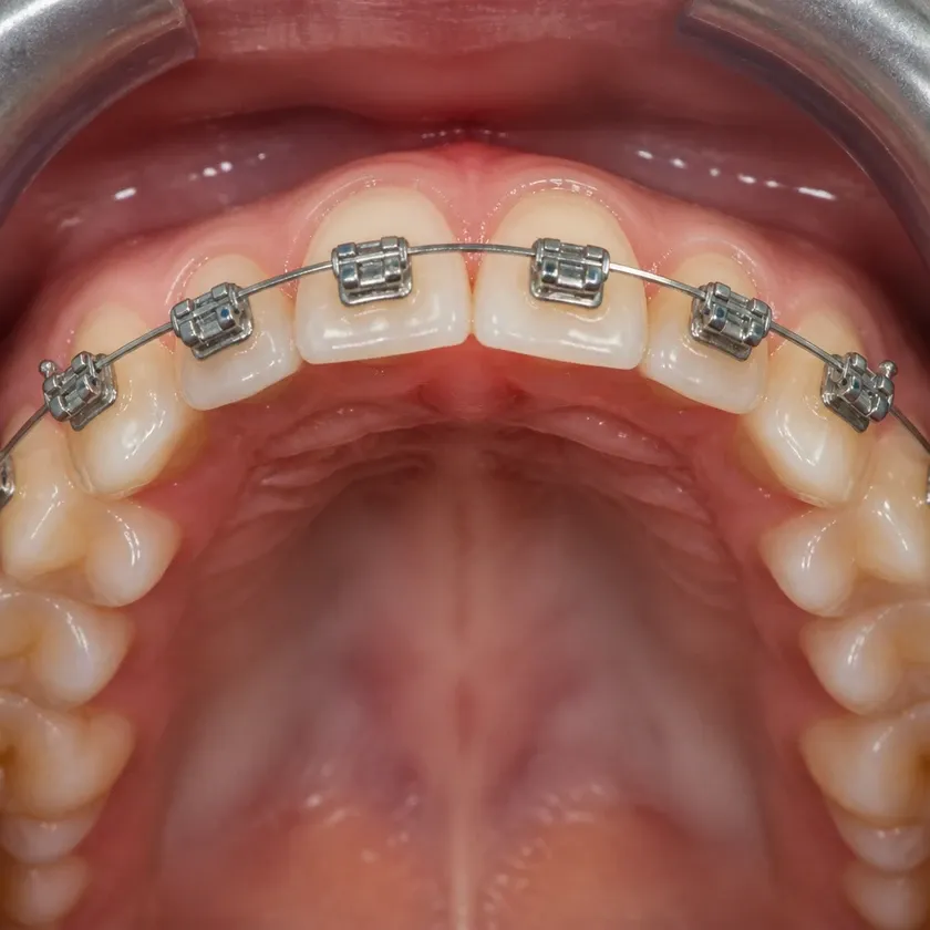 Metal braces — close-up of the result after treatment in a clinical photograph