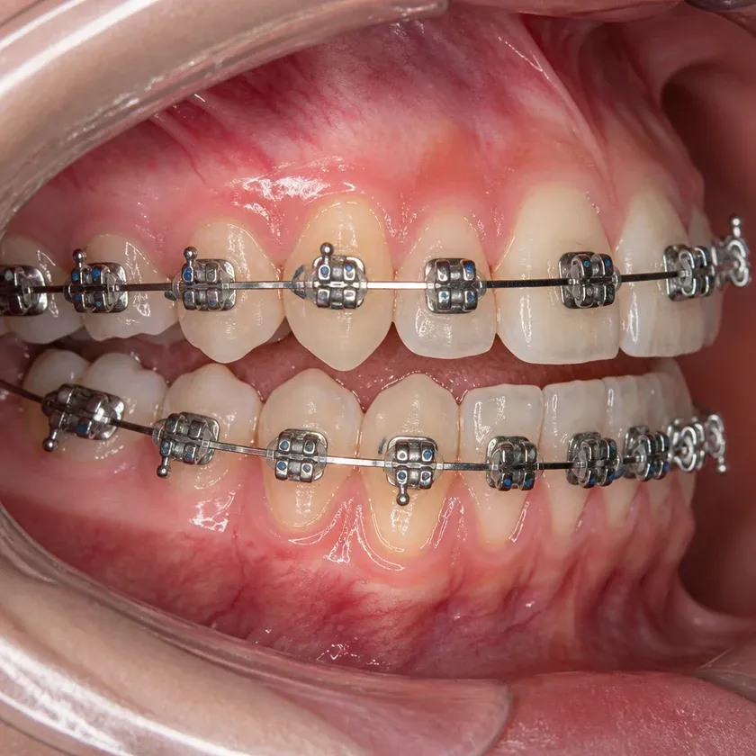 Metal braces — close-up clinical photo of the result after treatment