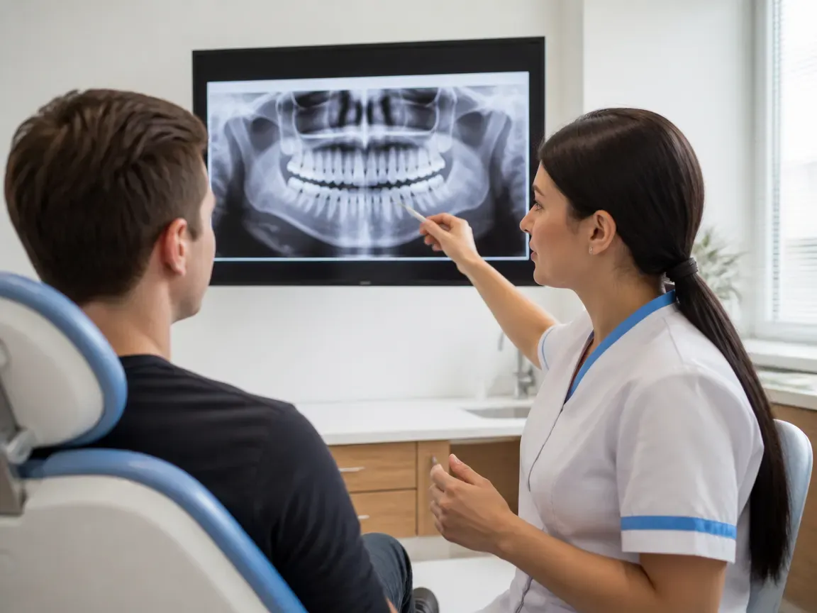 Consultation: dentist and patient at a screen with an X-ray — illustration for the section "Diagnostics and treatment plan"