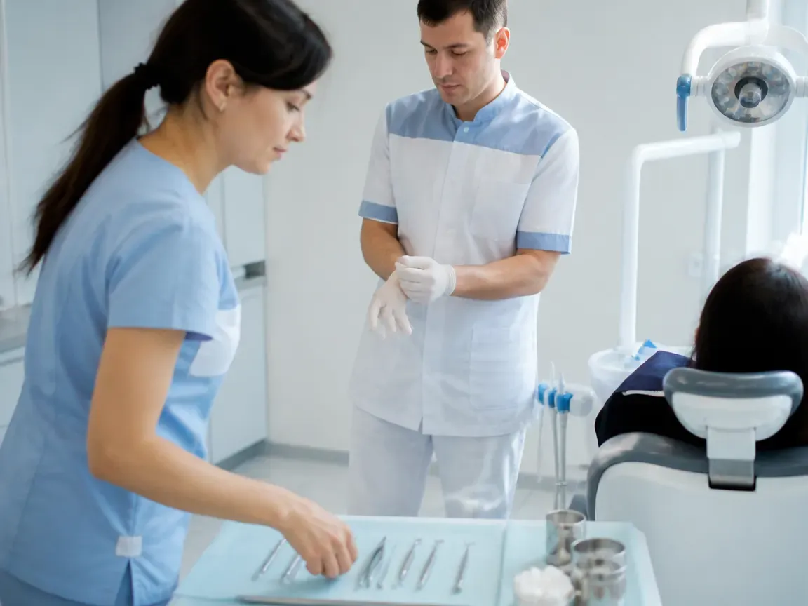 Preparation: the assistant lays out sterile instruments, the dentist puts on gloves — illustration for the section "Oral cavity preparation"
