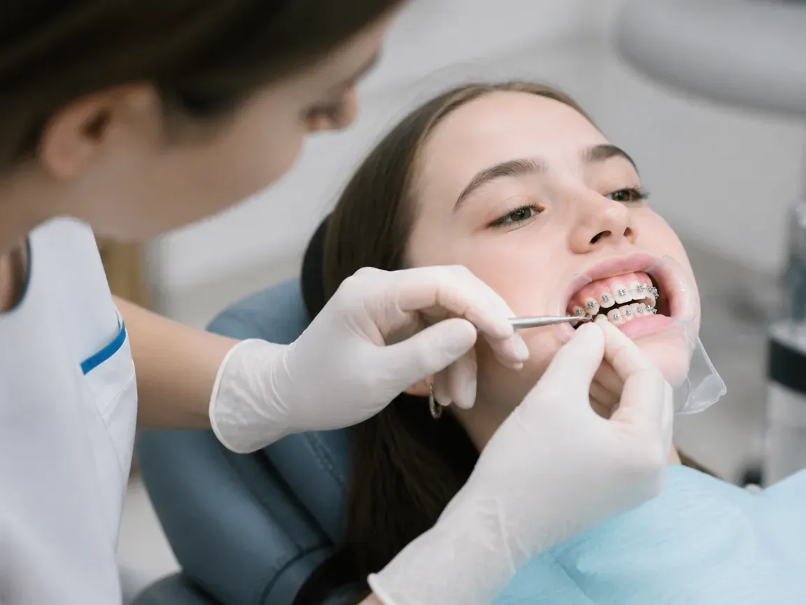 The treatment stage itself: the doctor's gloved hands working in the oral cavity — an illustration for the section "Braces placement"