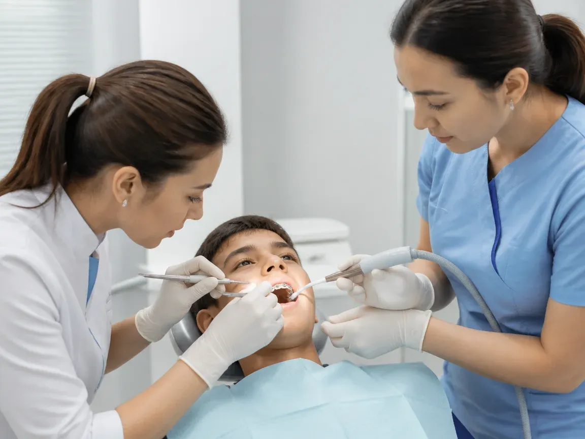 Follow-up visit: the dentist checks the result with a mirror while the assistant holds the saliva ejector — illustration for the section "Activations and follow-up visits"