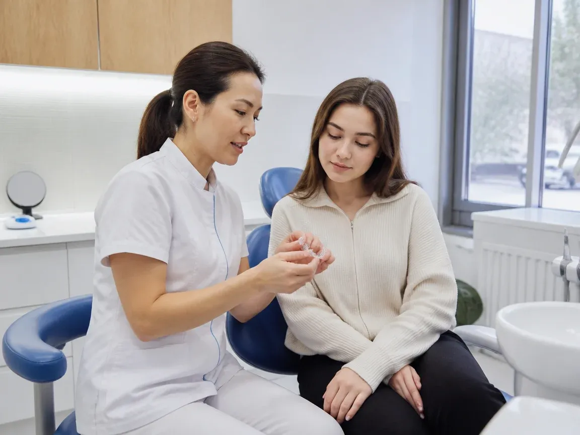 End of appointment: the doctor next to the patient goes over aftercare recommendations — illustration for the section "What is the retention period after removing Damon Q braces and how long does it last"