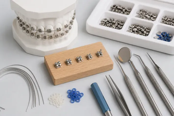 Tools and materials for this type of treatment, laid out on a light surface — an illustration for the section "What are Damon Q metal braces and how do they differ from classic ligature braces"