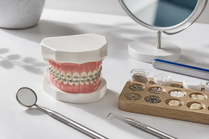 A jaw model and material samples on the dentist's table next to a mirror and probe — an illustration for the section "How Damon Q braces are placed: stages and preparation"