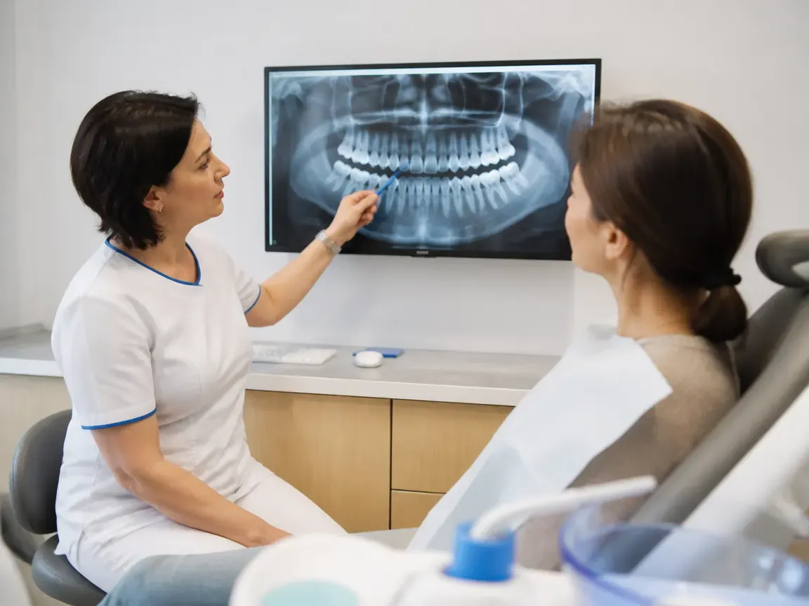 Consultation: doctor and patient at a screen with an X-ray — illustration for the section "Examination and Preparation"