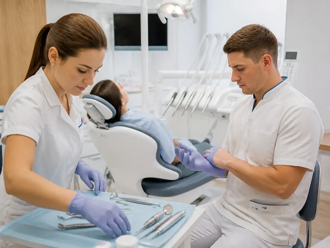 Preparation: the assistant lays out sterile instruments, the dentist puts on gloves — illustration for the section "Tooth preparation and impression"