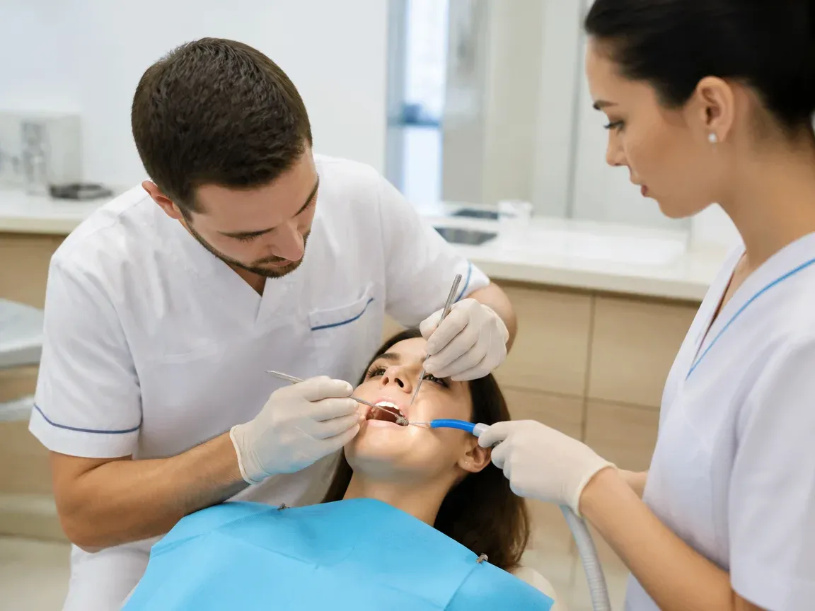 Follow-up visit: the dentist checks the result with a mirror while the assistant holds the saliva ejector — illustration for the section "Bonding and verification"