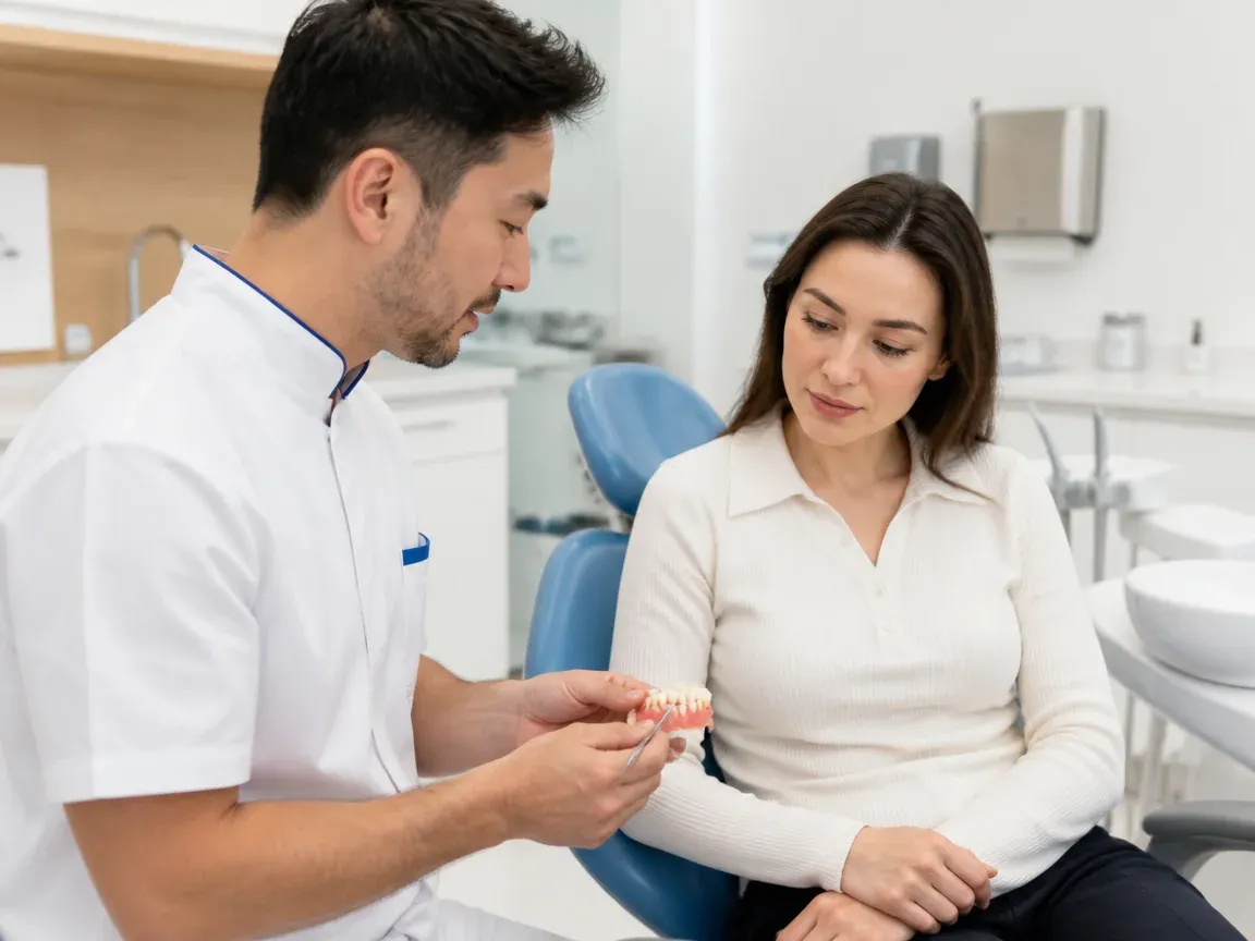 End of appointment: the doctor beside the patient goes over aftercare instructions — illustration for the "Fixation" section