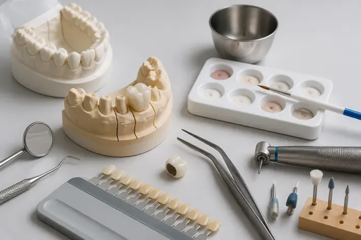 Instruments and materials for this type of treatment, laid out on a light surface — an illustration for the section "Crown on a natural tooth"