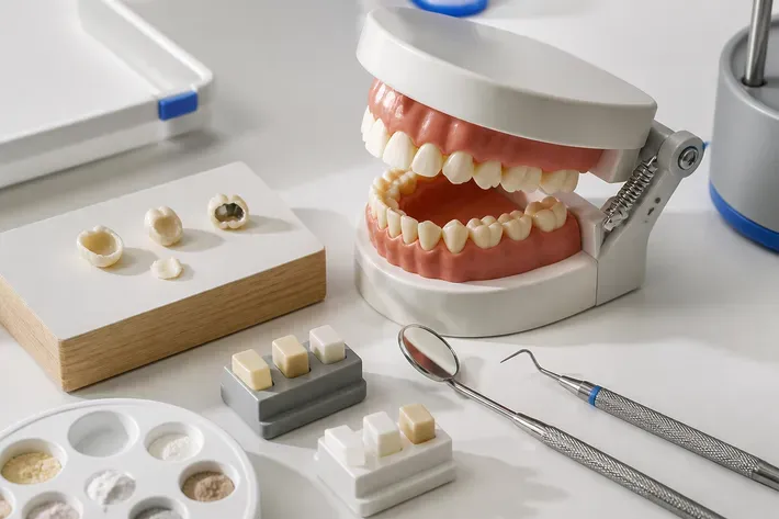 A jaw model and material samples on the dentist's table next to a mirror and probe — an illustration for the section "What to do if a crown breaks"