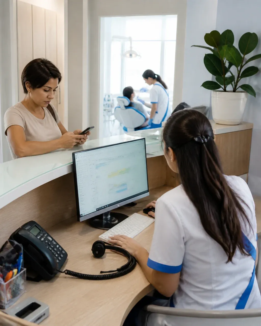 The clinic administrator answers patient messages at the front desk