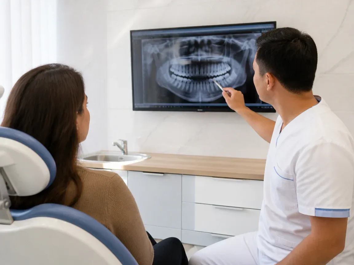 Consultation: doctor and patient at a screen with an X-ray — illustration for the "Consultation and Diagnostics" section