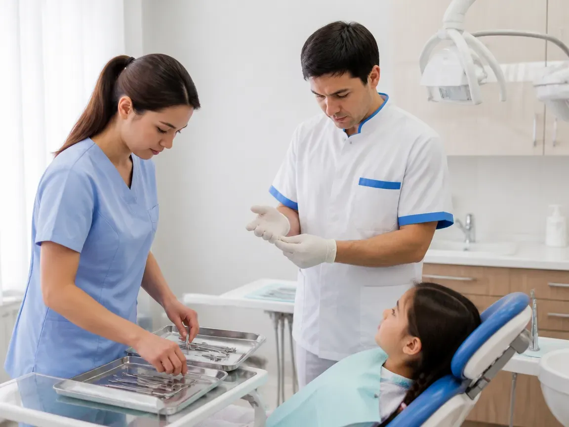 Preparation: the assistant lays out sterile instruments, the dentist puts on gloves — illustration for the section "Tooth preparation"