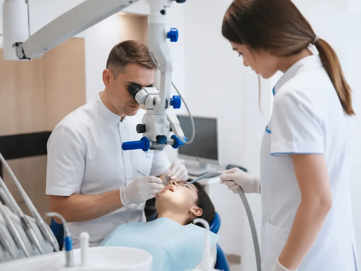 Follow-up visit: the dentist checks the result with a mirror while the assistant holds the saliva ejector — illustration for the section “Grinding and polishing”