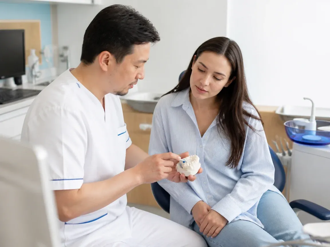 End of appointment: the doctor next to the patient goes over aftercare recommendations — illustration for the "Follow-up examination" section