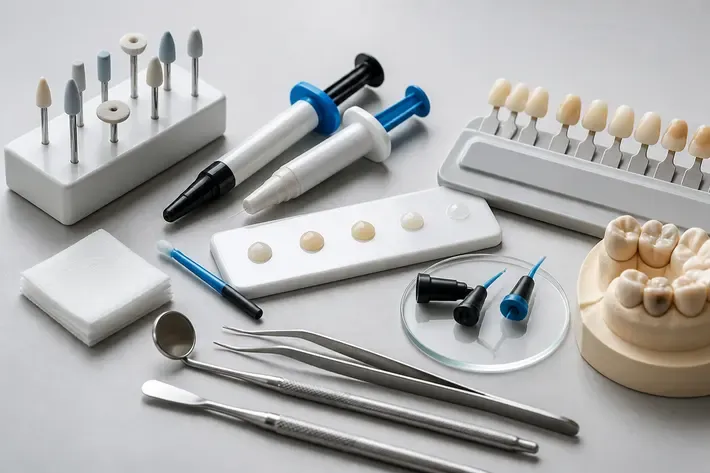 The instruments and materials used in this type of treatment, laid out on a light-colored surface — an illustration for the section "How tooth augmentation is performed: stages and materials"