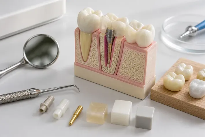 A jaw model and material samples on the dentist's table next to a mirror and probe — an illustration for the section "Building up front and chewing teeth"