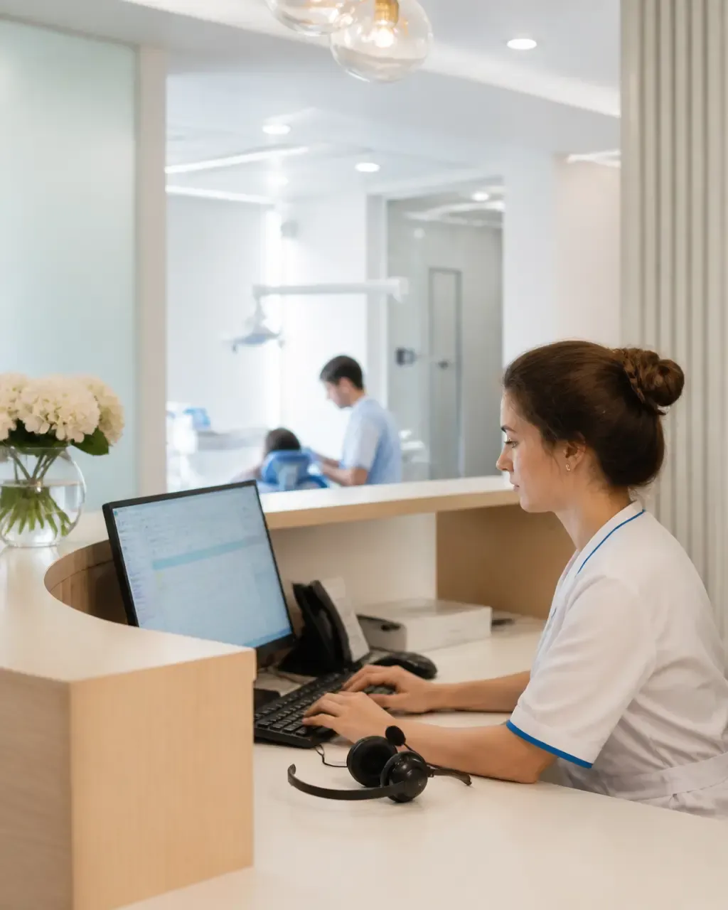 The clinic administrator answers patient messages at the front desk