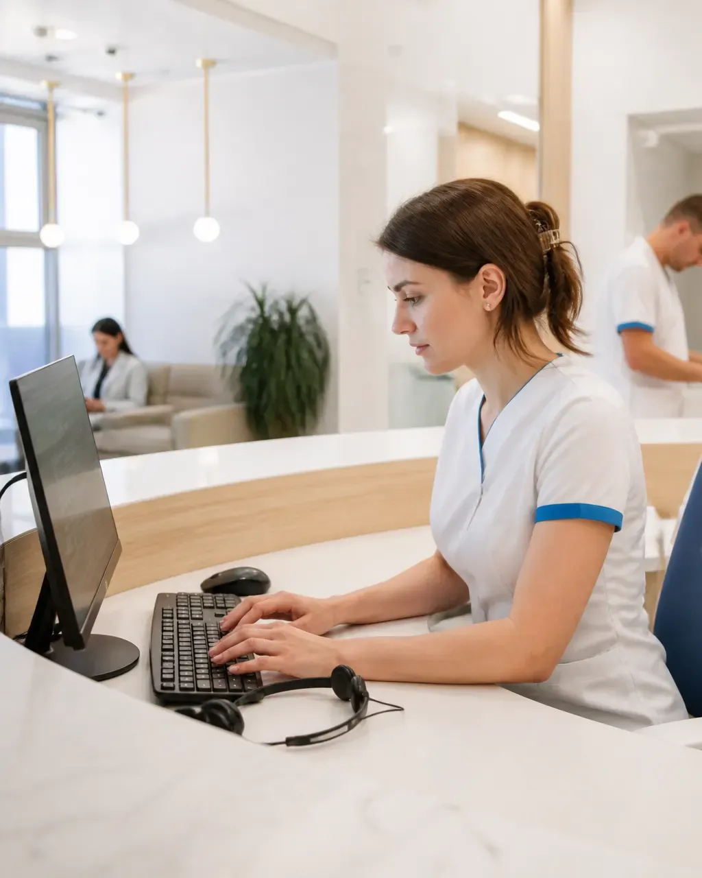 The clinic administrator answers patient messages at the front desk