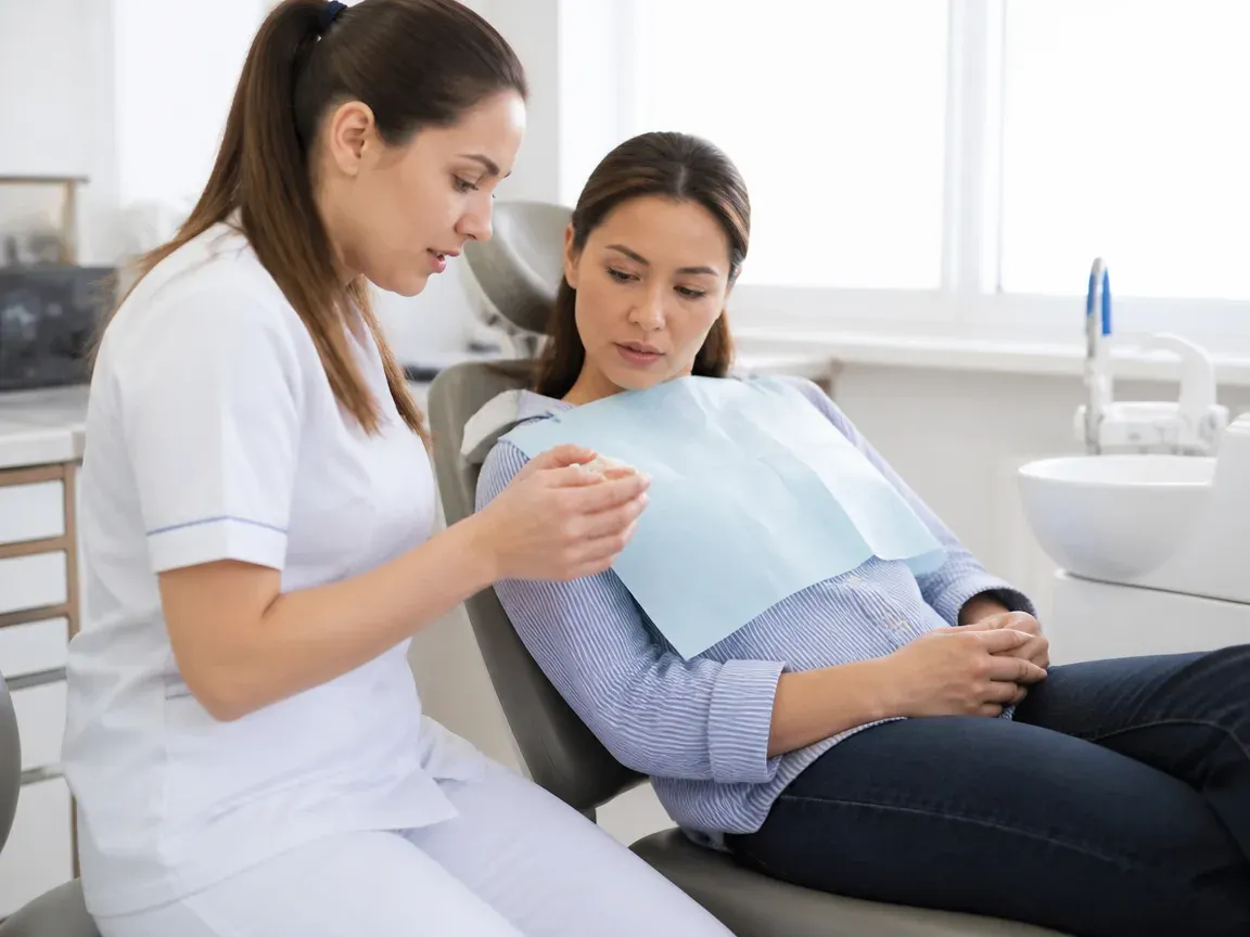 End of appointment: the doctor sits with the patient to go over aftercare instructions — an illustration for the section "Gum shaping and temporary crown"