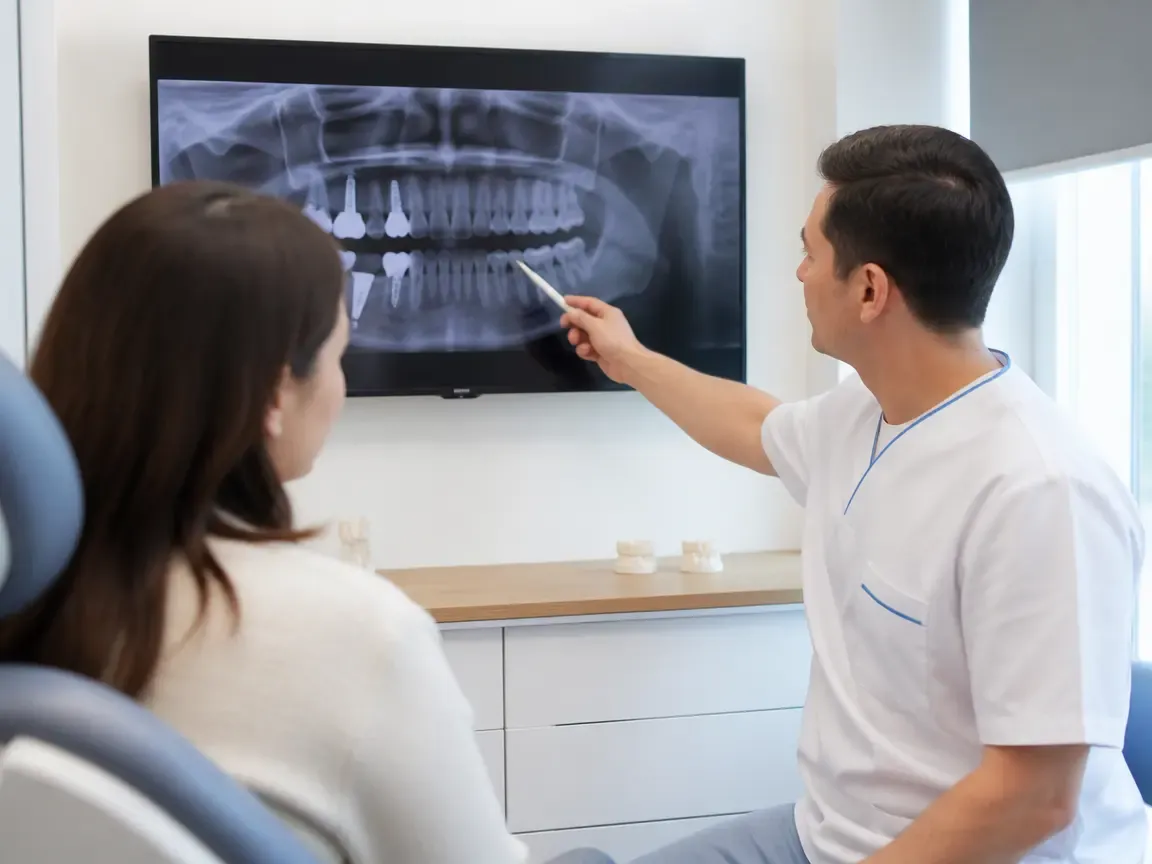Consultation: doctor and patient at a screen with an X-ray — illustration for the section "Follow-up visits and prosthetics"