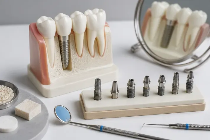 A jaw model and material samples on the dentist's table next to a mirror and probe — an illustration for the section "Which implant will they choose"