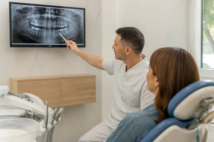 The doctor shows the patient the scan on the screen and explains the treatment plan — an illustration for the section "Which loading protocol is possible"