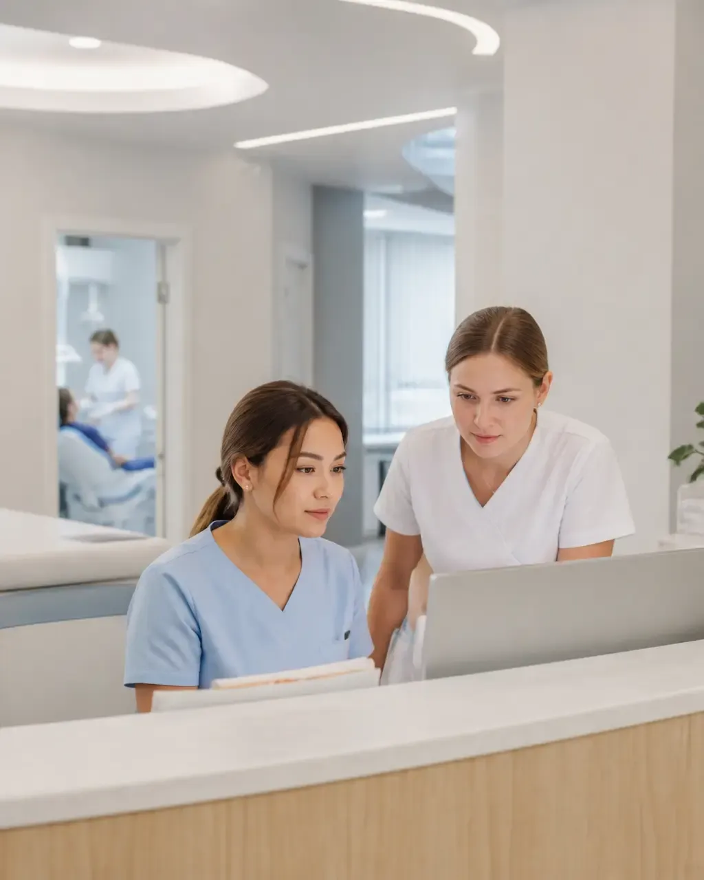Clinic administrators check the appointment schedule on the screen at the front desk