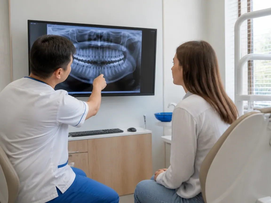Consultation: doctor and patient at a screen with an X-ray — illustration for the section "Preparing for orthognathic surgery"