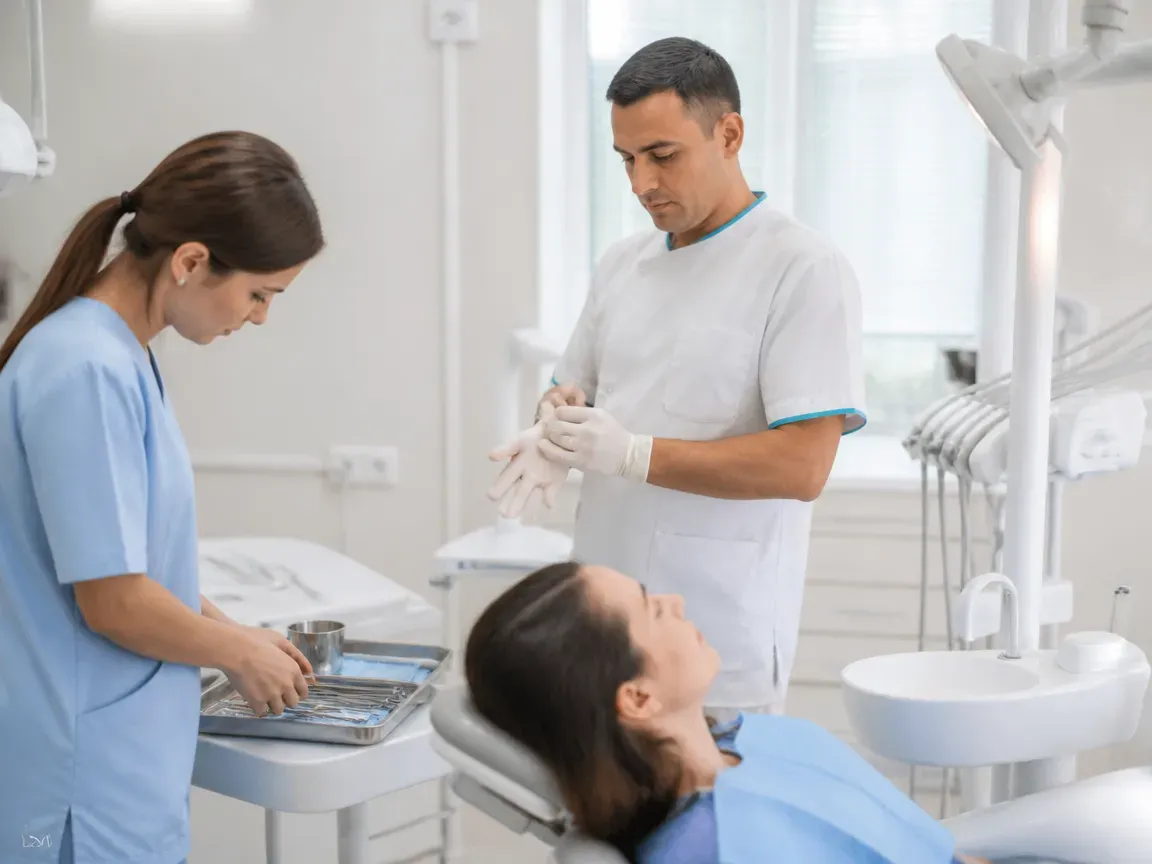 Preparation: the assistant lays out sterile instruments, the doctor puts on gloves — illustration for the "Surgical procedure" section