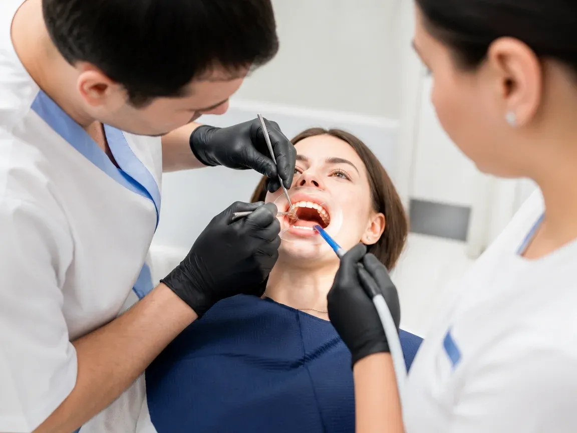 The treatment stage itself: the doctor's gloved hands working in the oral cavity — an illustration for the section "Rehabilitation after jaw surgery"