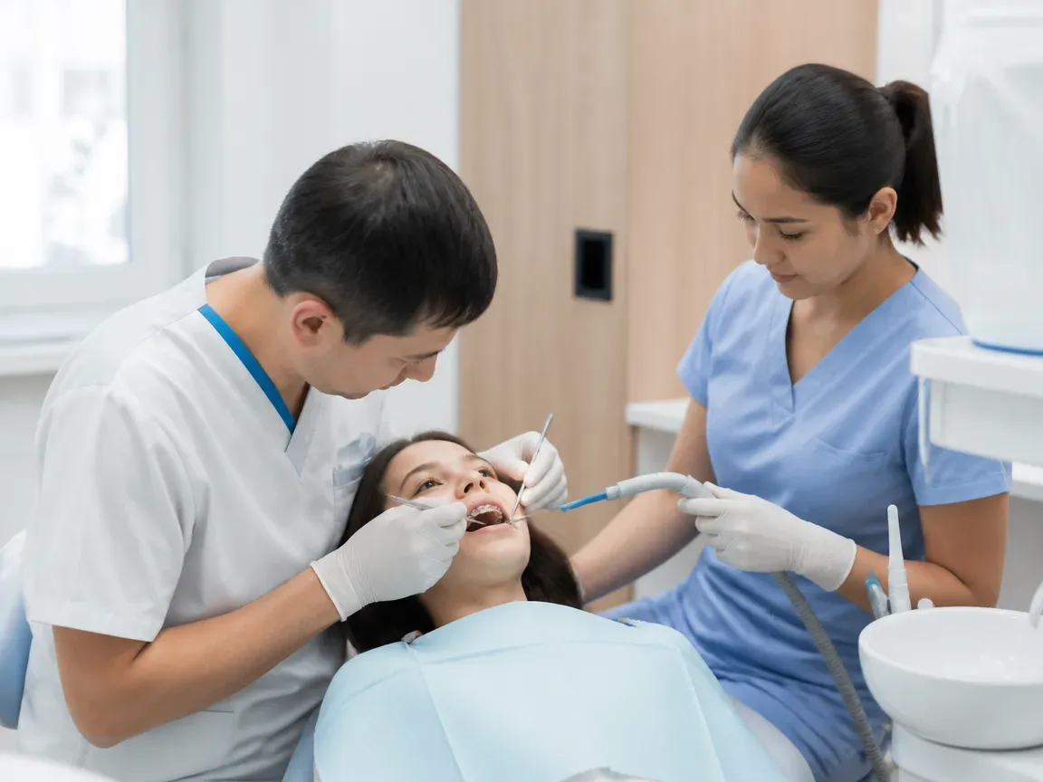 Follow-up visit: the doctor checks the result with a mirror, the assistant holds the saliva ejector — illustration for the "Orthodontic phase" section