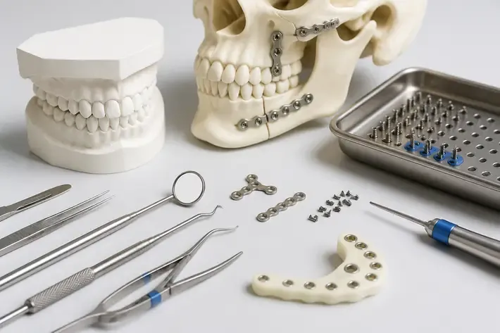 Instruments and materials for this type of treatment, laid out on a light surface — an illustration for the section "Mesial and distal occlusion"