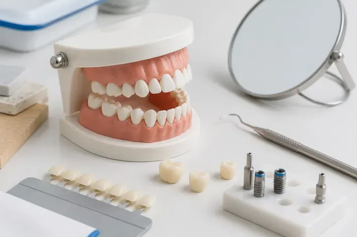 A jaw model and material samples on the dentist's table next to a mirror and probe — an illustration for the section "Complications and their prevention"