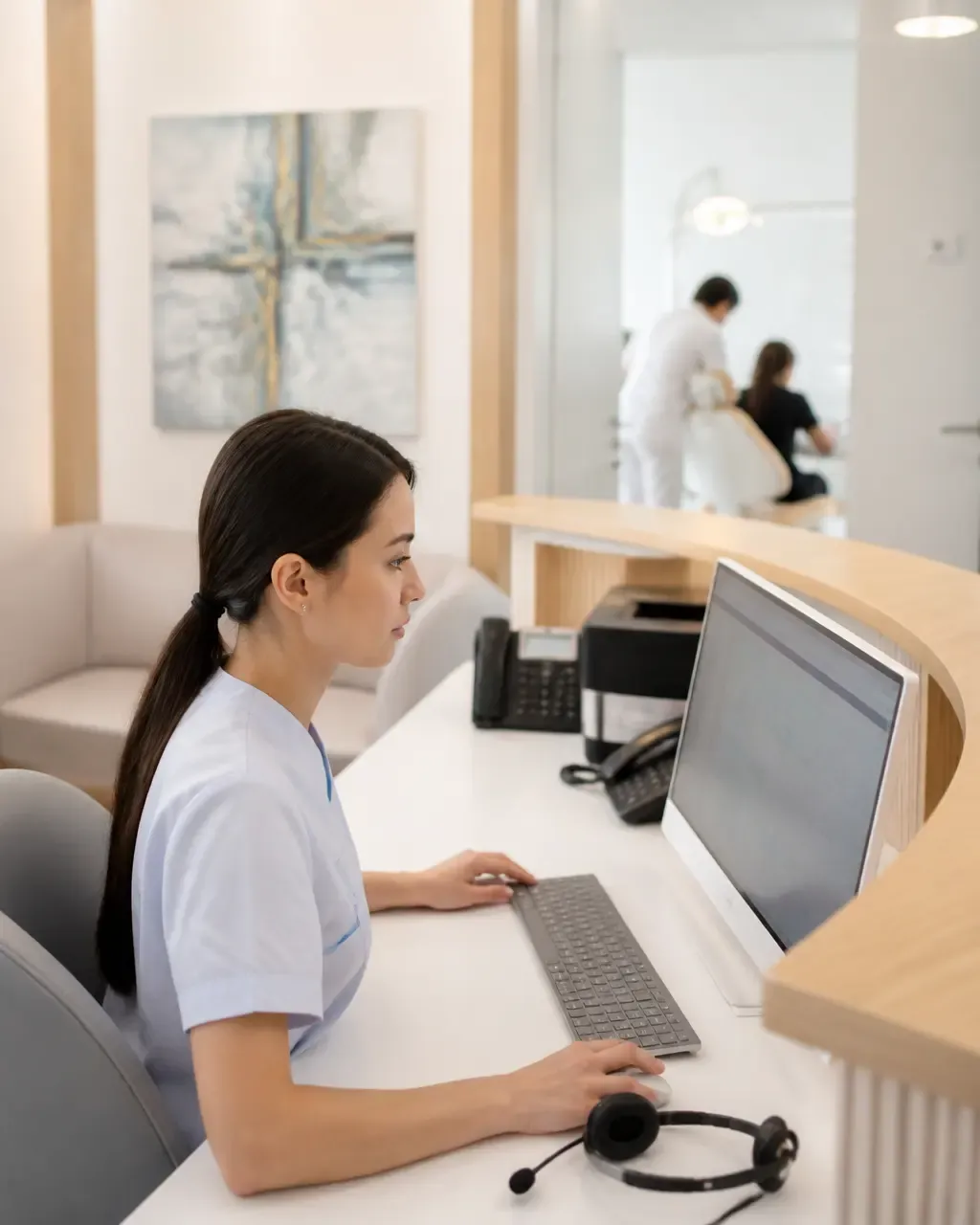 The clinic administrator answers patient messages at the front desk