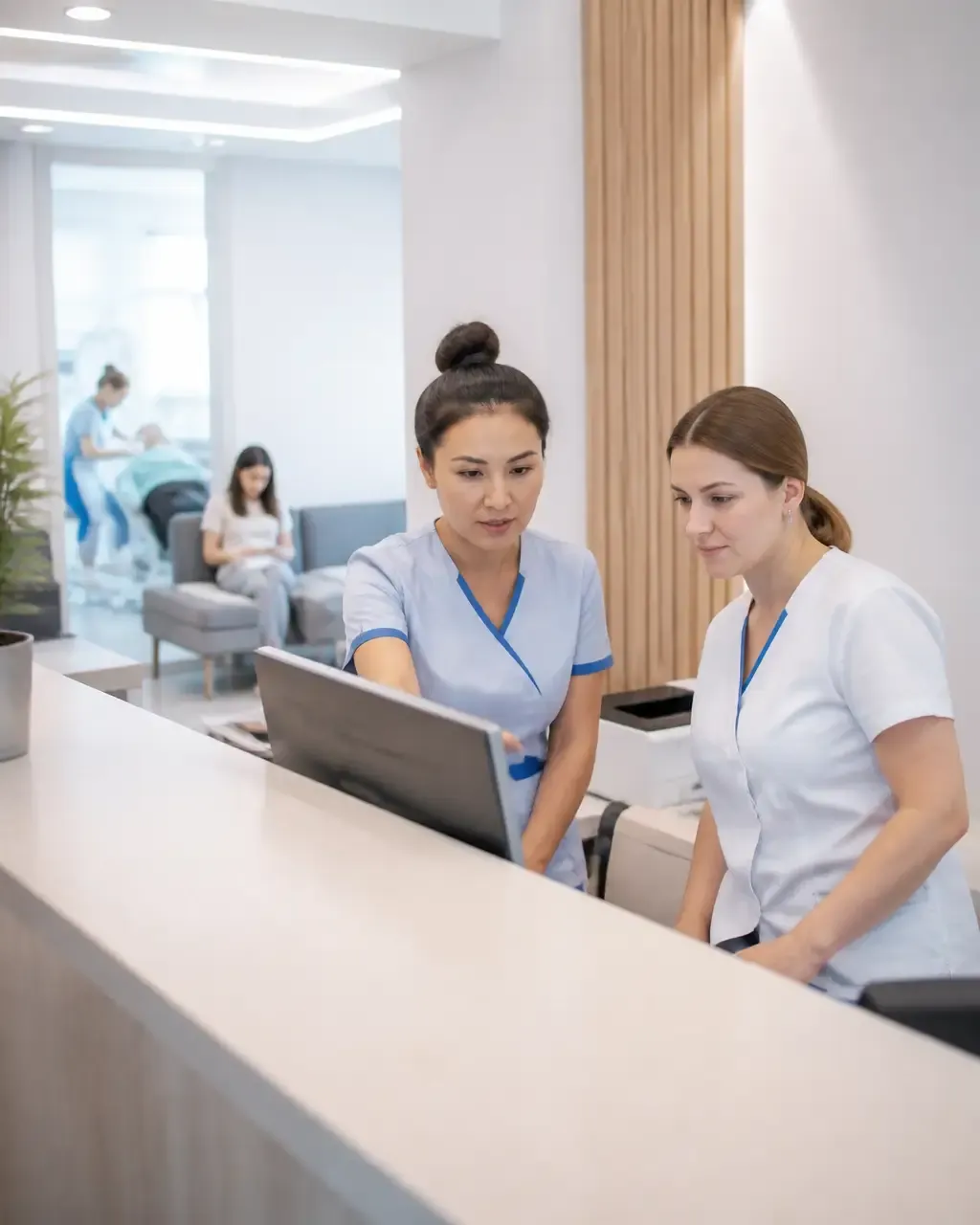 Clinic administrators check the appointment schedule on the screen at the front desk