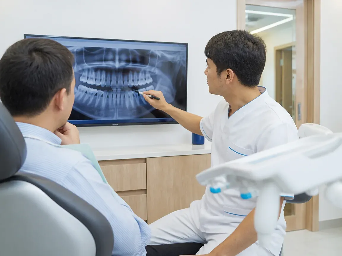 Consultation: doctor and patient at a screen with an X-ray — illustration for the section "Consultation and examination"
