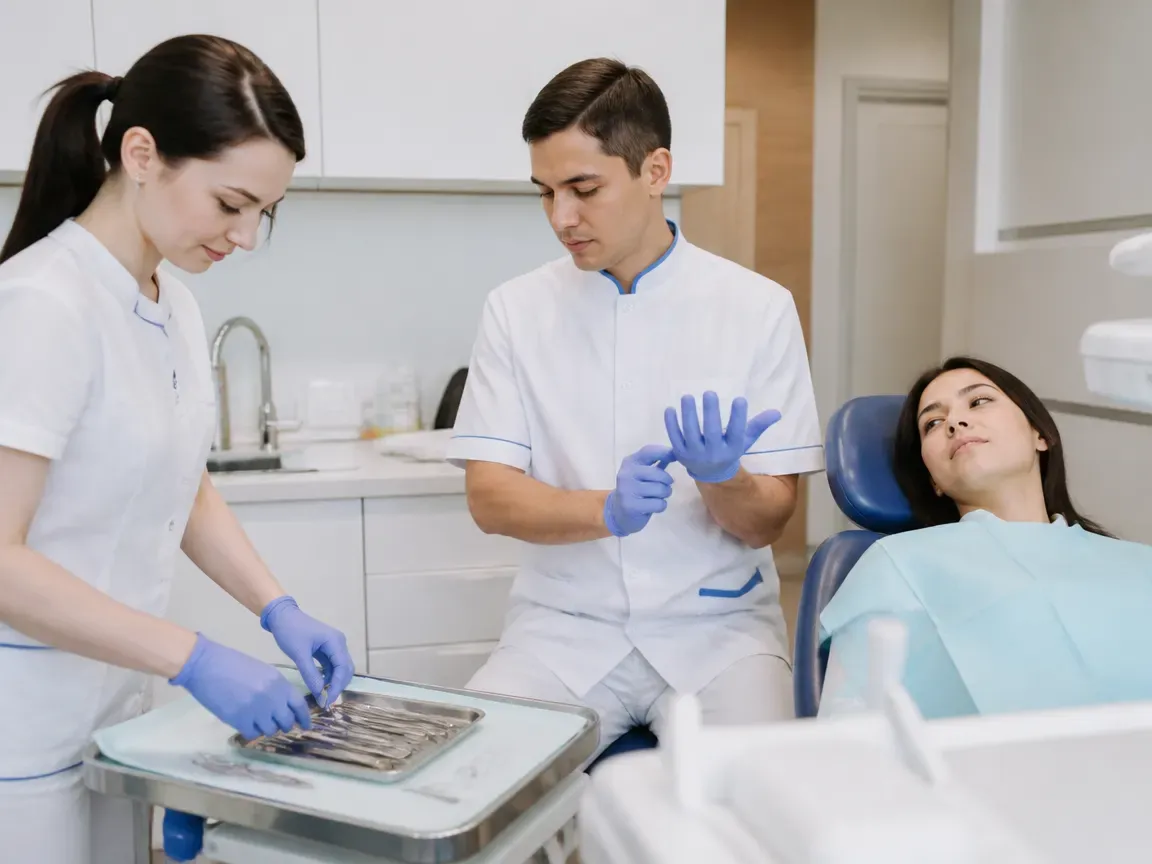 Preparation: the assistant lays out sterile instruments, the dentist puts on gloves — illustration for the section "Is preparation needed: hygiene, caries treatment, diagnostics"
