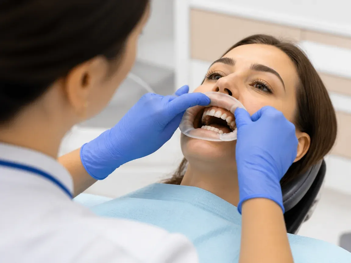 The treatment stage itself: the doctor's gloved hands working in the oral cavity — an illustration for the section "Protection of gums and soft tissues"