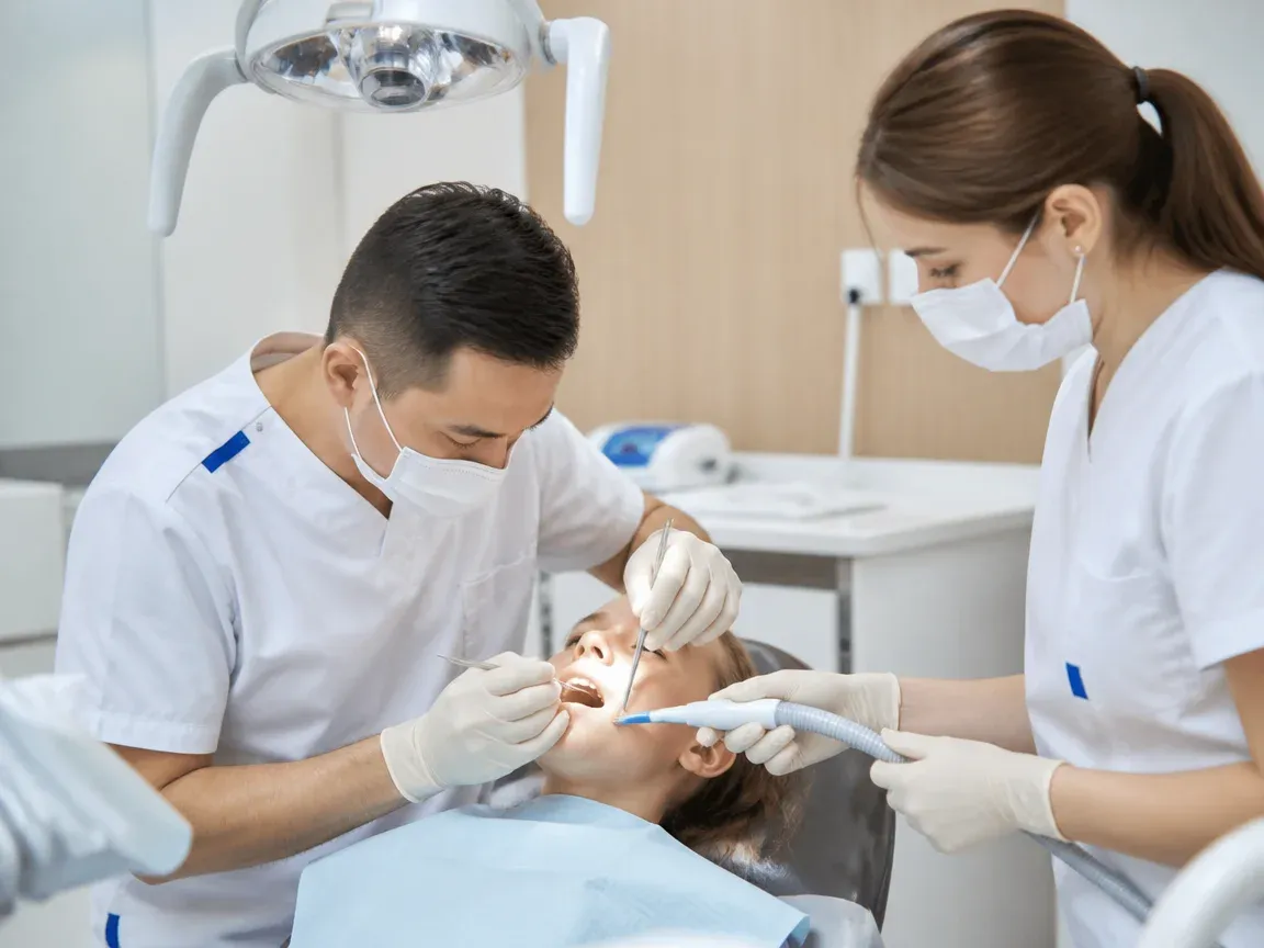 Follow-up visit: the dentist checks the result with a mirror while the assistant holds the saliva ejector — illustration for the section "Applying the composition and activation"