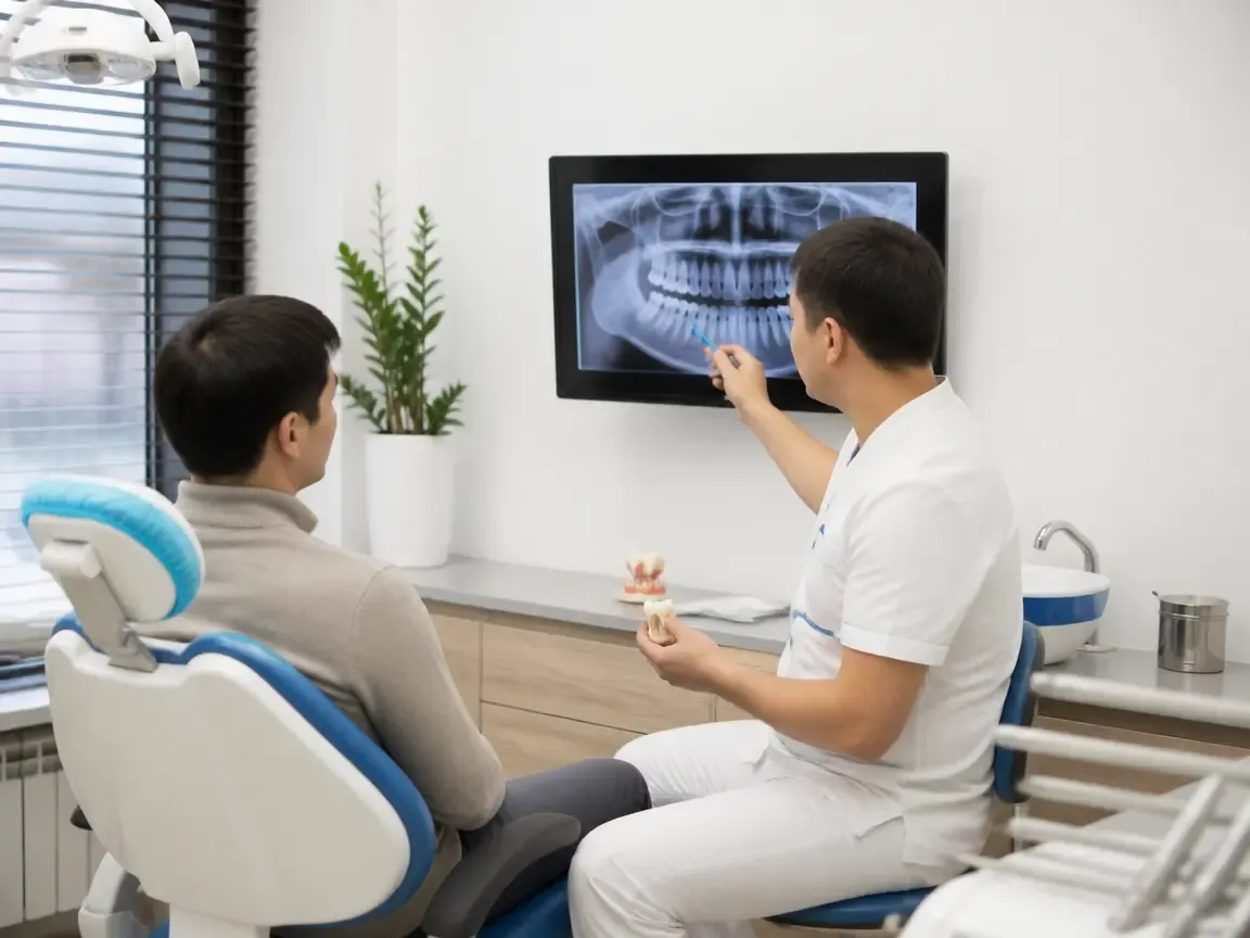 Consultation: doctor and patient at a screen with an X-ray — illustration for the section “Completing the appointment and recommendations”