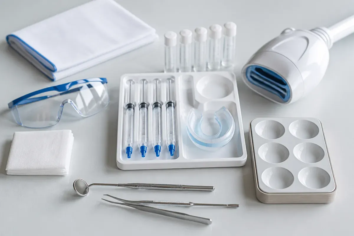 Instruments and materials for this type of treatment, laid out on a light surface — an illustration for the section "The Beyond Polus system and its place among other techniques"
