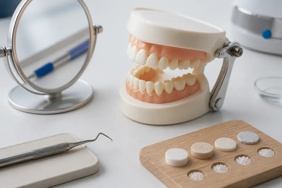 A jaw model and material samples on the dentist's table next to a mirror and probe — an illustration for the section "How the procedure differs from other systems"