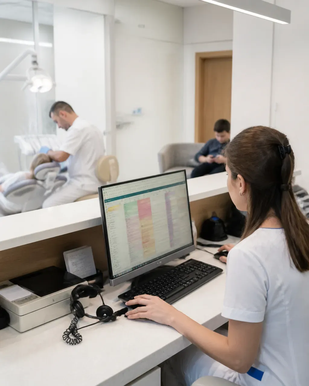 The clinic administrator answers patient messages at the front desk