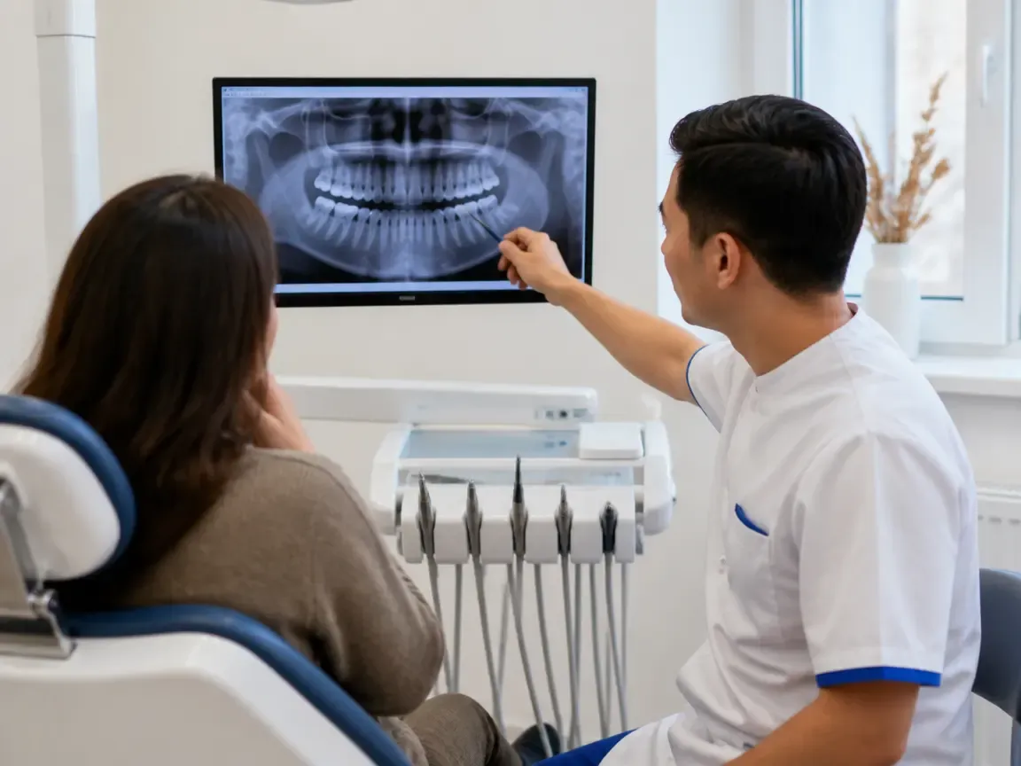 Consultation: doctor and patient at a screen with an X-ray — illustration for the section "Examination and Preparation"
