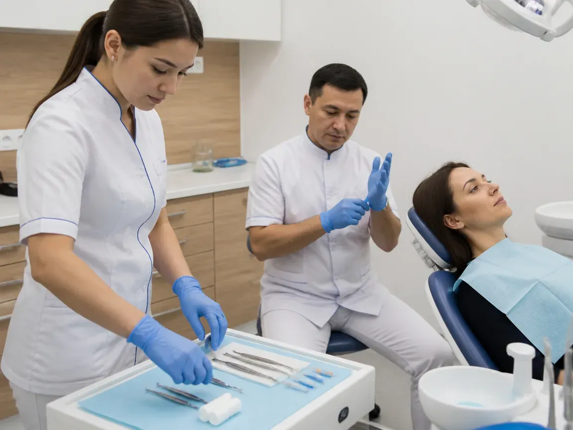 Preparation: the assistant lays out sterile instruments, the dentist puts on gloves — illustration for the section "Soft tissue isolation"